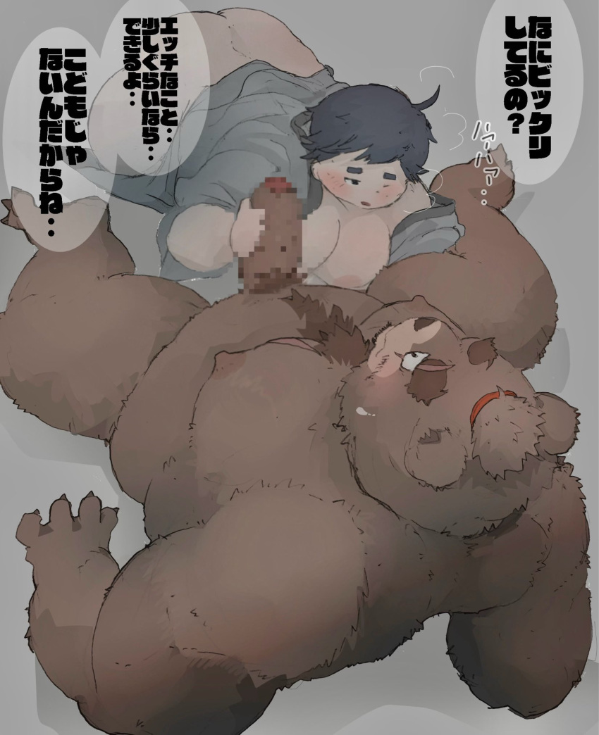 2024 anthro ass bear belly big_belly bodily_fluids brown_body brown_fur censored dumdum duo erection fur genitals hi_res human japanese_text kemono male male/male mammal monjuro_(tamacolle) moobs nipples overweight overweight_male penis sweat tamacolle text