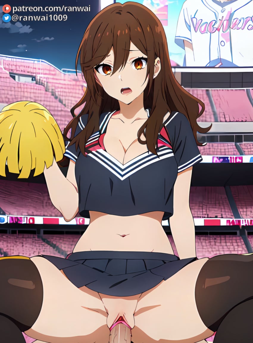 ai_generated anime brown_eyes brown_hair cheerleader cheerleader_uniform cowgirl_position hori_kyouko horimiya ranwai sex stable_diffusion vaginal_penetration vaginal_sex