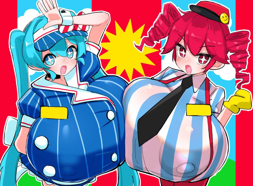 blue_hair clothed gigantic_breasts hatsune_miku huge_breasts kasane_teto large_breasts long_hair mesmerizer_(vocaloid) mv_character sintaro_okabe vocaloid