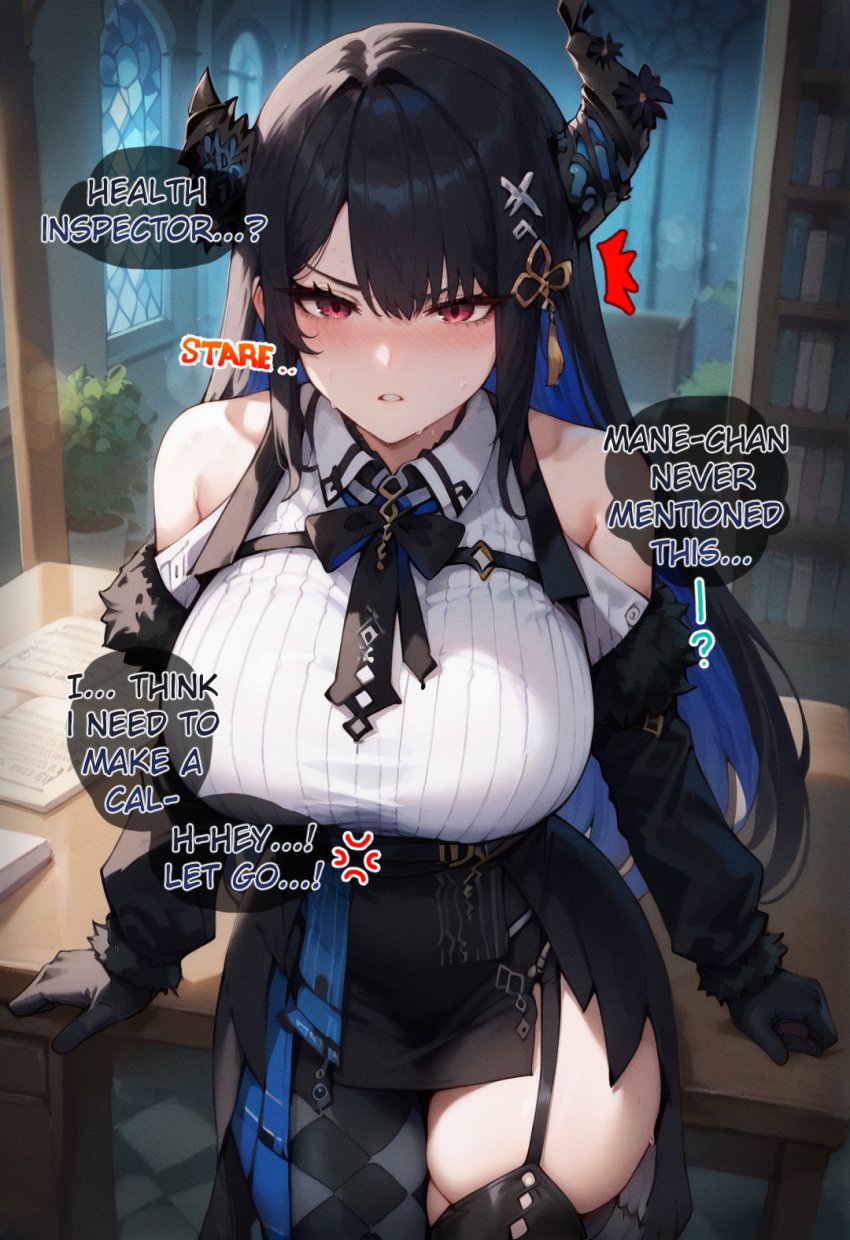 ai_generated anger_vein asymmetrical_horns bangs bare_shoulders black_clothes black_gloves black_hair black_jacket black_legwear black_skirt black_thighhighs blue_hair blush book breasts clothing collared_shirt colored_inner_hair english_language english_text female fur_trim garter_straps gloves hair_ornament hololive hololive_english horn_ornament horns indoors jacket large_breasts legwear lingerie long_hair long_sleeves looking_at_viewer milfpudding multicolored_hair nerissa_ch. nerissa_ravencroft original parted_lips red_eyes shirt skirt sleeveless sleeveless_shirt solo standing sweat text thighhighs thighs two-tone_hair virtual_youtuber white_shirt window