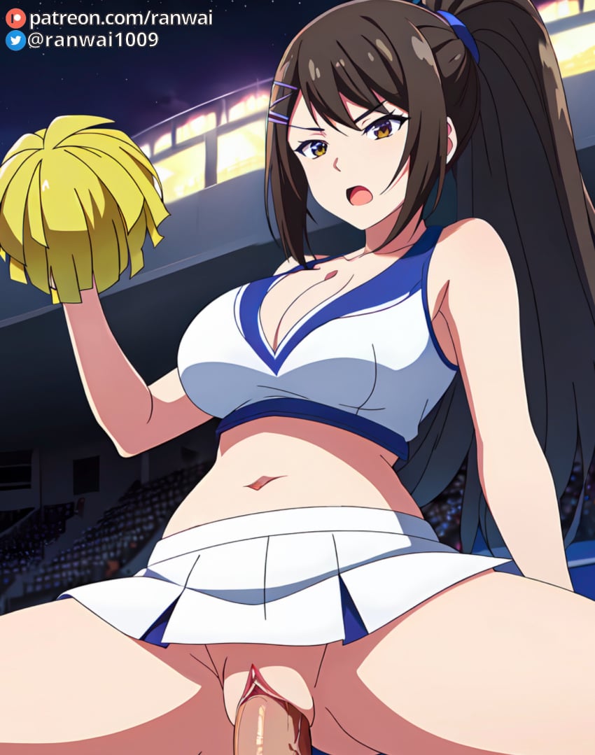 ai_generated anime brown_eyes brown_hair chabashira_sae cheerleader classroom_of_the_elite cowgirl_position large_breasts ranwai sex stable_diffusion vaginal_penetration vaginal_sex youkoso_jitsuryoku_shijou_shugi_no_kyoushitsu_e