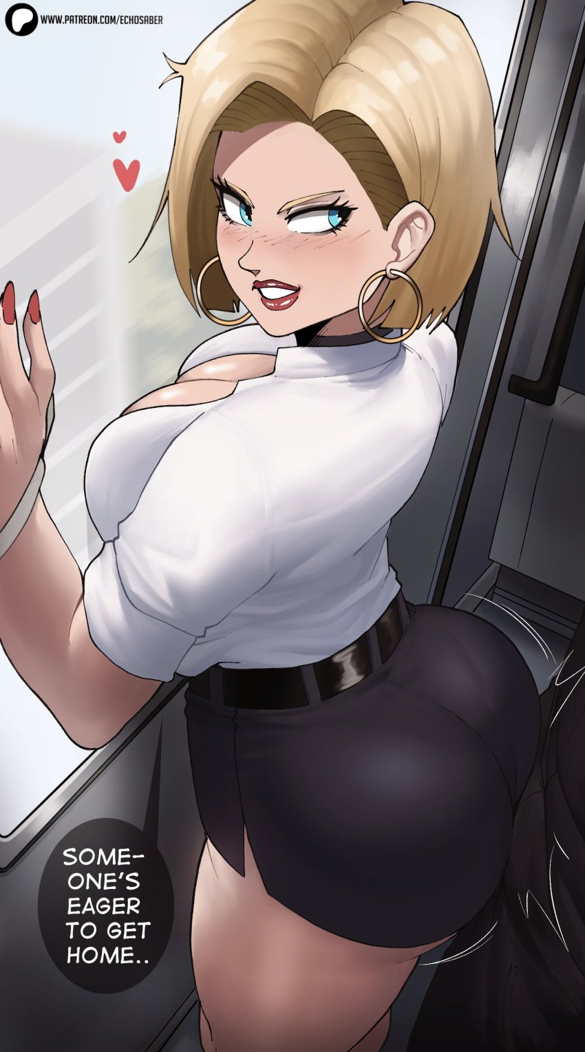 1boy 1girl 1girls android_18 ass big_ass big_butt blonde_hair blue_eyes boner breasts bubble_butt buttjob buttjob_over_clothes cheating cheating_wife couple dragon_ball dragon_ball_z dry_humping echosaber fat_breasts female hoop_earrings large_breasts light-skinned_female male office_lady short_hair teasing thick_thighs train vegeta