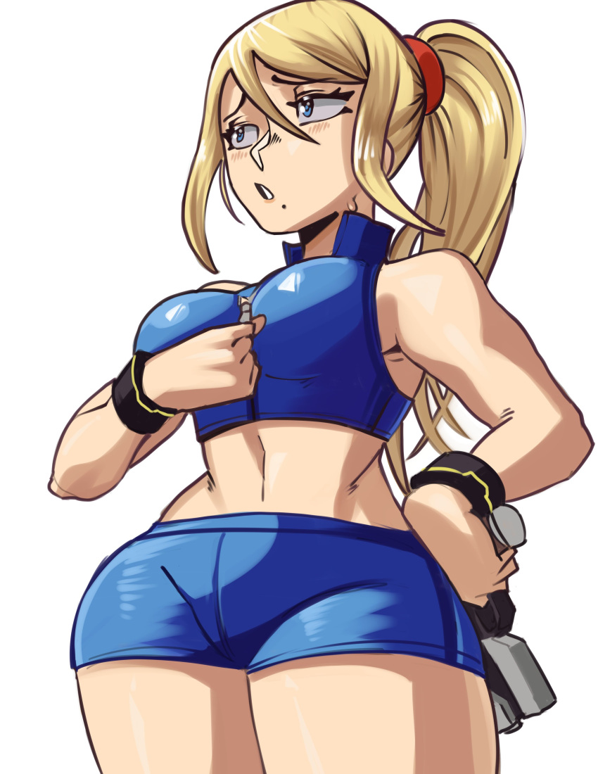 1girls big_breasts blonde_hair blue_eyes busty casual_outfit_(metroid) curvy light-skinned_female light_skin metroid moxydrawsmore nintendo ponytail samus_aran short_shorts shorts small_waist zipper_down