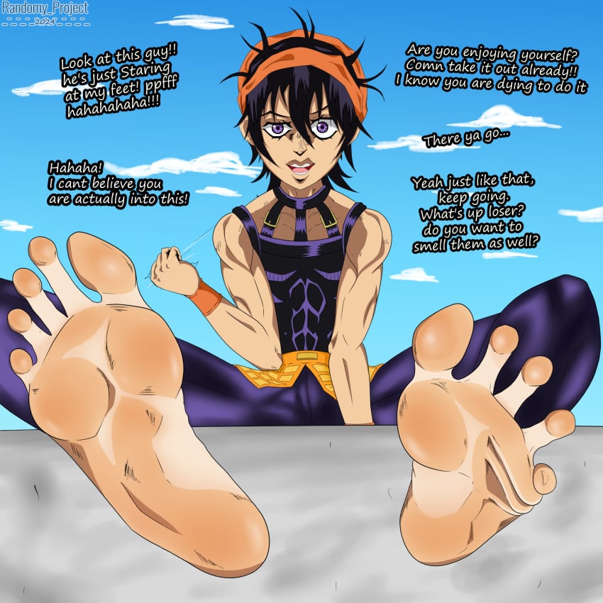 1boy barefoot dialogue encouragement feet foot_fetish jerking_off_hand_motion joi jojo's_bizarre_adventure male male_only narancia_ghirga randomy_project solo solo_male text vento_aureo