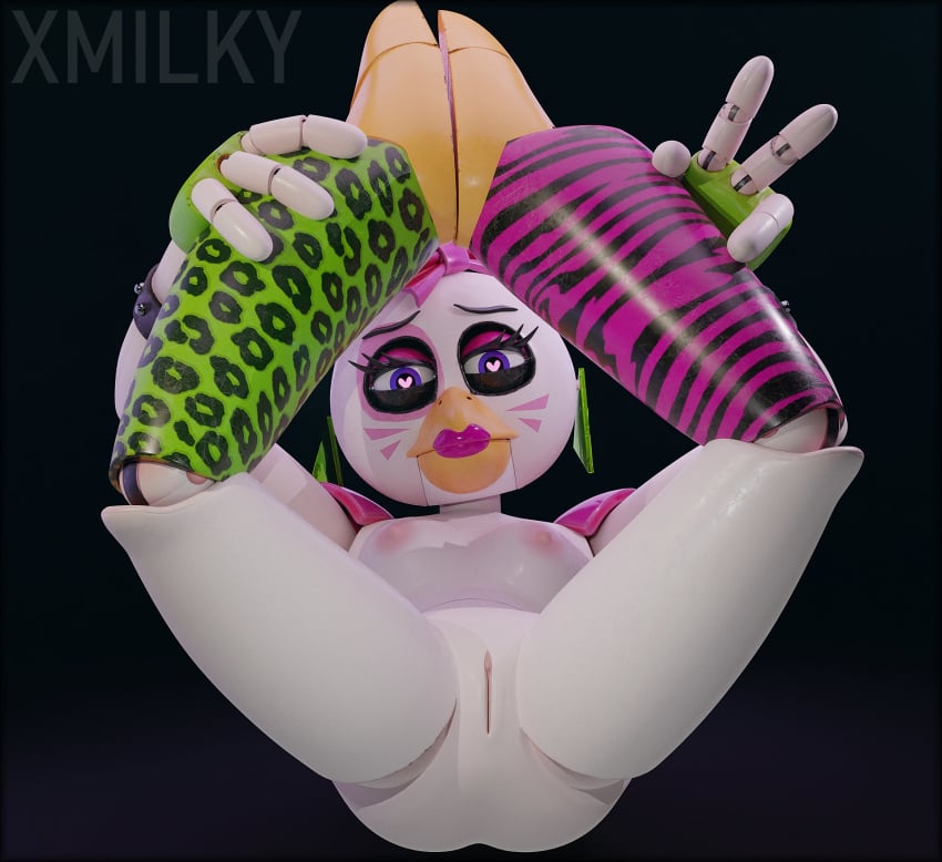 3d animatronic beak blender breasts five_nights_at_freddy's five_nights_at_freddy's:_security_breach glamrock_chica_(ashleyorange) glamrock_chica_(fnaf) heart-shaped_pupils medium_breasts nipples open_legs pink_nipples pink_pussy purple_eyes pussy robot robot_girl robot_humanoid vagina white_body x3milky