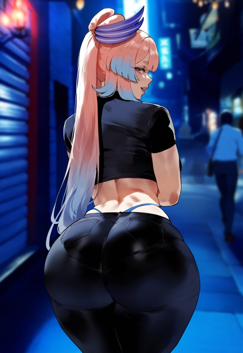 1girls ai_generated alley ass ass_focus back_view big_ass big_butt black_jeans black_legwear black_topwear bubble_butt fat_ass female from_behind genshin_impact huge_ass huge_breasts imminent_sex jeans large_ass large_butt large_thighs miyuai night outdoors paag pawg pink_eyes pink_hair sangonomiya_kokomi solo solo_female solo_focus thiccwithaq_(ai_style) thick_ass thick_butt thick_legs thick_thighs thighs thong wide_hips