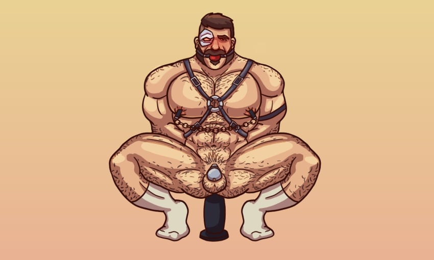 ball_gag balls bara body_hair chastity_cage chastity_device dildo dildo_in_ass dildo_sitting facial_hair flaccid gay hands_behind_back harness hints0 kano_(mortal_kombat) male male_only mortal_kombat muscles muscular mutton_chops nude penis sideburns solo solo_male spread_legs squatting