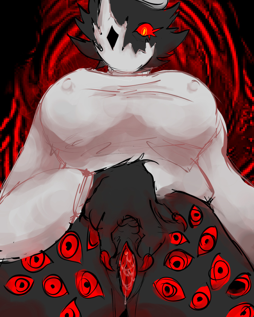 big_breasts black_hair claws eyes_on_body folly_(regretevator) half-dressed looking_at_viewer low-angle_view minstlu minstlu_(regretevator) minstlu_oc multi_monster_(minstlu) nipples_visible_through_clothing red_eyes red_pussy roblox roblox_game self_upload spiked_hair spread_pussy spreading_own_vagina tagme wet_pussy white_sweater