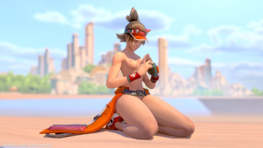 1girls 3d beach belt blender blender_eevee blizzard_entertainment brown_hair casual dzooworks female footwear green_eyes handwear highres human kiriko_(overwatch) lifeguard lifeguard_kiriko nudist overwatch overwatch_2 pale-skinned_female pale_skin partially_clothed public public_nudity skinny small_breasts thick_ass thick_thighs video_games watermark