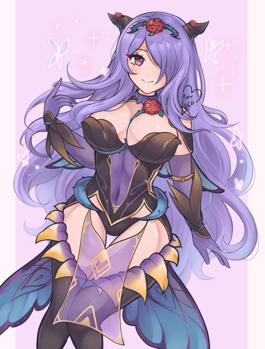 1girls alternate_costume armor black_armor black_panties breasts camilla_(fire_emblem) camilla_(resplendent)_(fire_emblem) cleavage fake_horns female female_only fire_emblem fire_emblem_fates fire_emblem_heroes gloves hair_over_one_eye highres horns nintendo official_alternate_costume panties purple_eyes purple_gloves purple_hair purrlucii solo thighs underwear wavy_hair