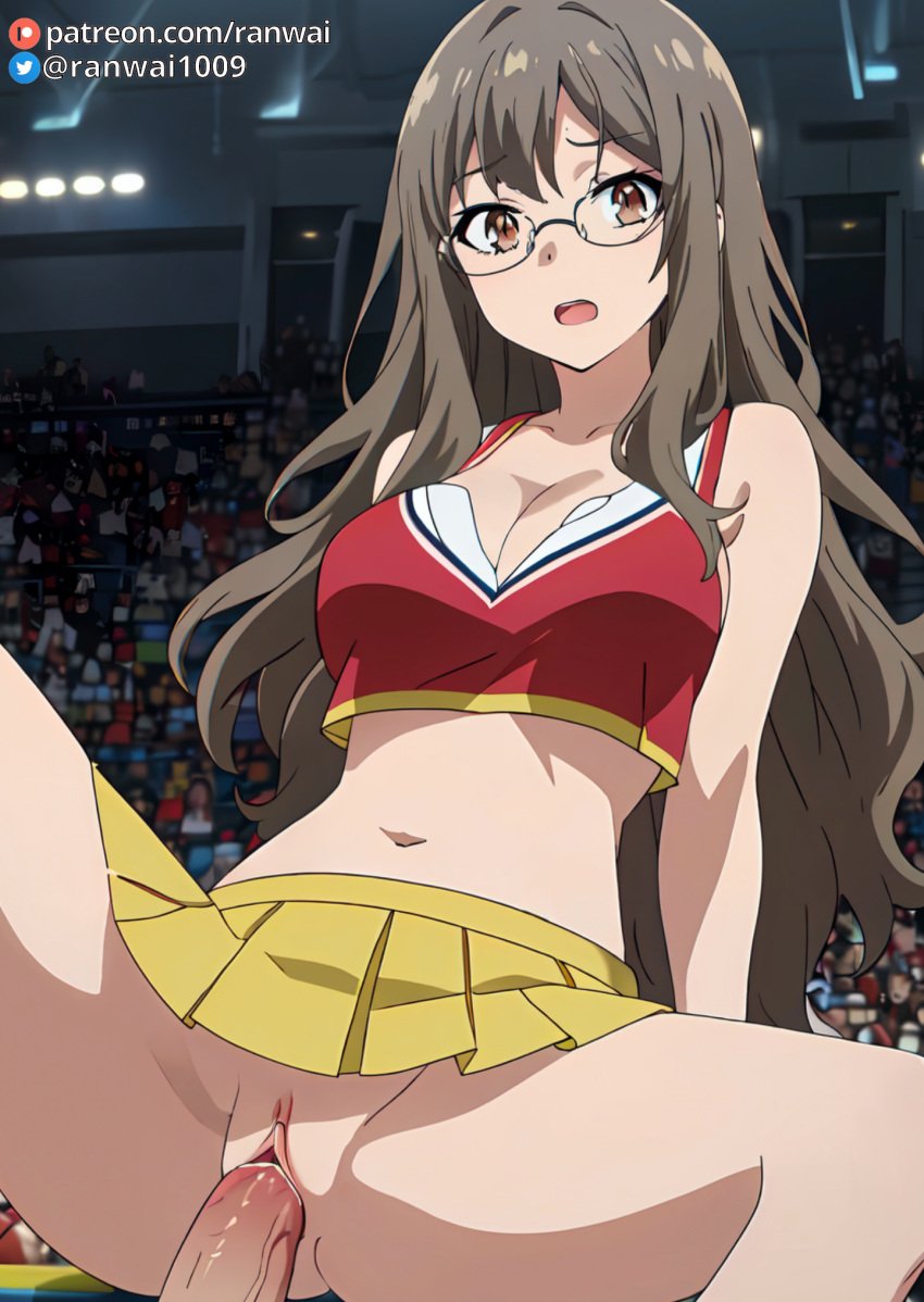 ai_generated anime bondage brown_eyes brown_hair cheerleader cheerleader_outfit cowgirl_position futaba_rio large_breasts ranwai seishun_buta_yarou_wa_bunny_girl_senpai_no_yume_wo_minai sex stable_diffusion vaginal_penetration vaginal_sex