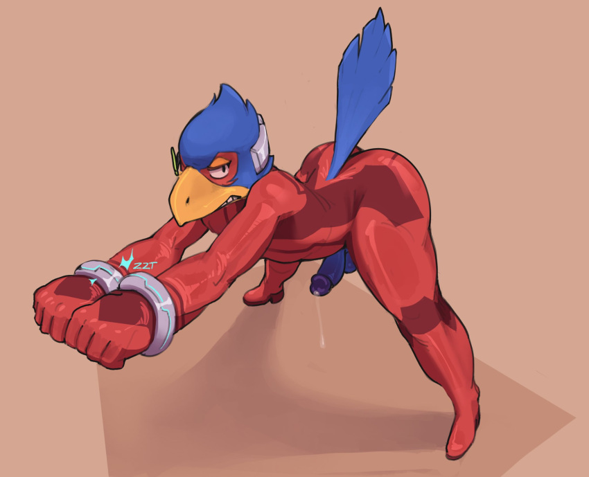 absurd_res anthro avian balls beak bird blue_body bodily_fluids breath clothed clothing erection falco_lombardi feathers genital_fluids genitals hi_res kyomiqc latex latex_clothing latex_skinsuit male metroid musk nintendo penis precum skinsuit solo spread_legs spreading star_fox sweat sweatdrop tail tail_feathers tight_clothing zero_suit