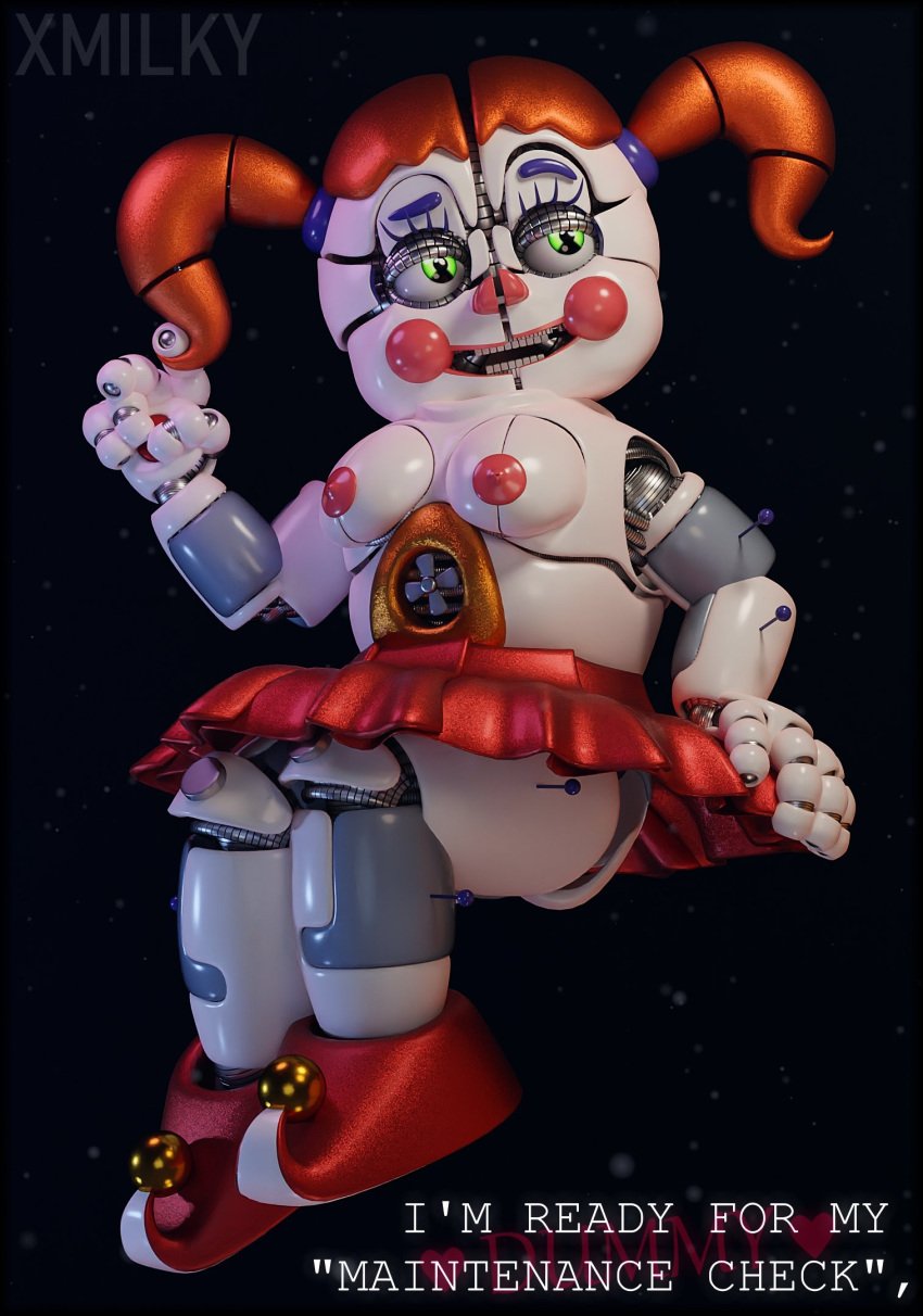 1girls 3d animatronic baby_(fnafsl) blender circus_baby circus_baby_(fnaf) circus_baby_(original) english_text female five_nights_at_freddy's five_nights_at_freddy's:_sister_location footwear full_color green_eyes medium_breasts nipples no_penetration orange_hair pink_nipples robot robot_girl robot_humanoid skirt solo solo_female text twintails white_body white_skin x3milky