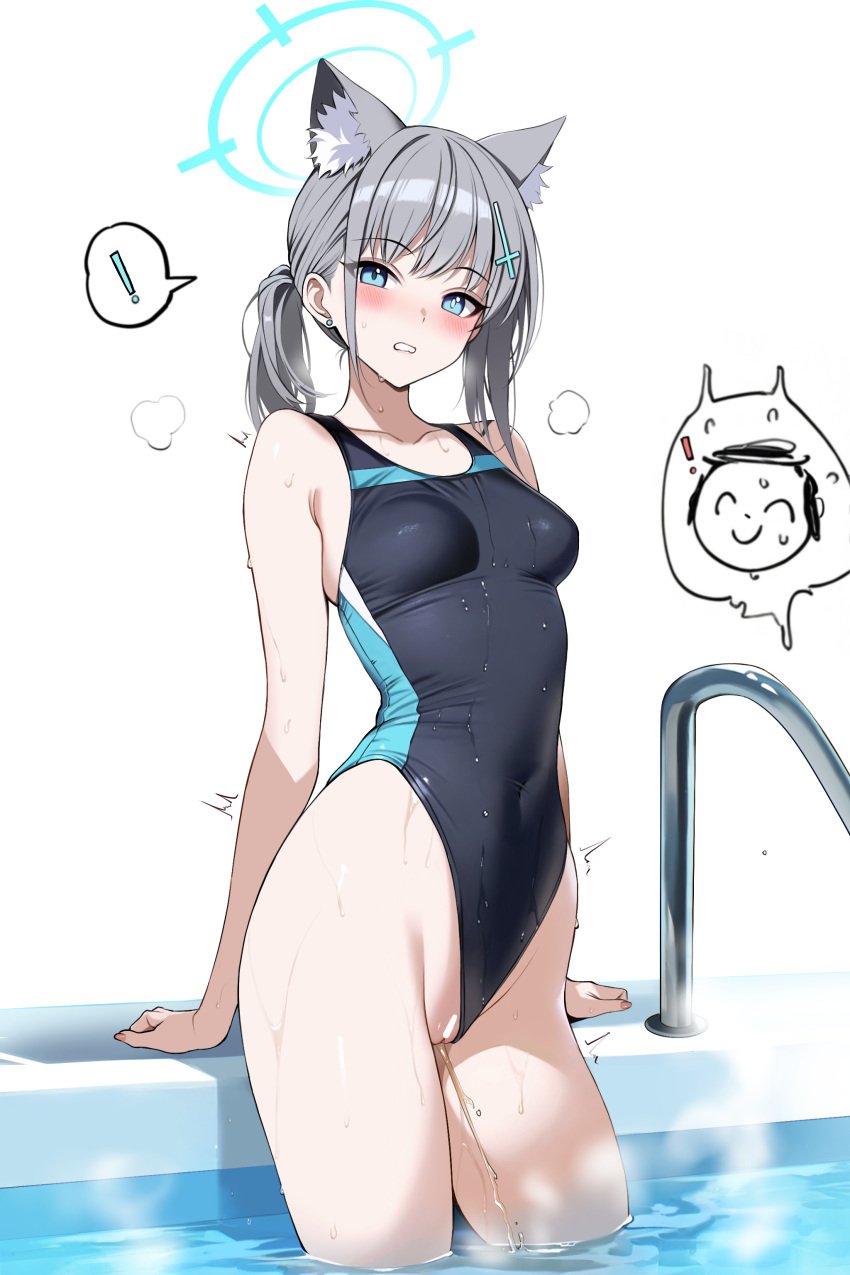 ! absurdres animal_ear_fluff animal_ears artistic_error ateoyh bare_arms bare_legs bare_shoulders blue_archive blue_eyes breasts clothing_aside competition_swimsuit covered_navel covered_nipples doodle_sensei_(blue_archive) extra_ears female grey_hair hair_ornament halo highres looking_at_viewer official_alternate_costume one-piece_swimsuit peeing pool pussy sensei_(blue_archive) shiroko_(blue_archive) shiroko_(swimsuit)_(blue_archive) small_breasts spoken_exclamation_mark swimsuit swimsuit_aside thighs wet wolf_ears