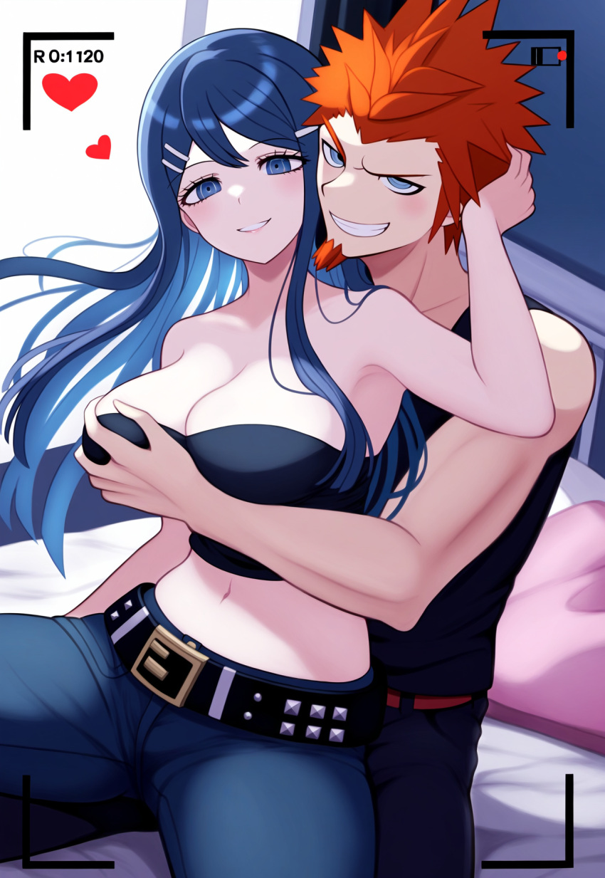 ai_generated black_strapless danganronpa danganronpa:_trigger_happy_havoc grabbing_from_behind hand_on_another's_face hand_on_breast heart implied_netorare jeans kuwata_leon looking_at_viewer maizono_sayaka muscular_male nai_diffusion recording seductive_smile sitting_on_lap smirk smirking_at_viewer stable_diffusion