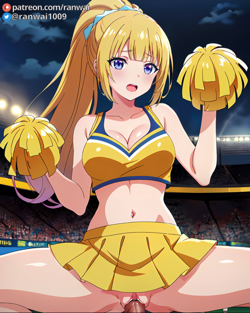 ai_generated anime blonde_hair cheerleader cheerleader_outfit classroom_of_the_elite cowgirl_position karuizawa_kei large_breasts purple_hair ranwai sex stable_diffusion vaginal_penetration vaginal_sex youkoso_jitsuryoku_shijou_shugi_no_kyoushitsu_e