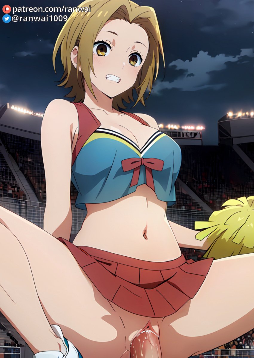 ai_generated anime blonde_hair cheerleader cheerleader_outfit cowgirl_position horimiya ranwai sex stable_diffusion vaginal_penetration vaginal_sex yellow_eyes yoshikawa_yuki