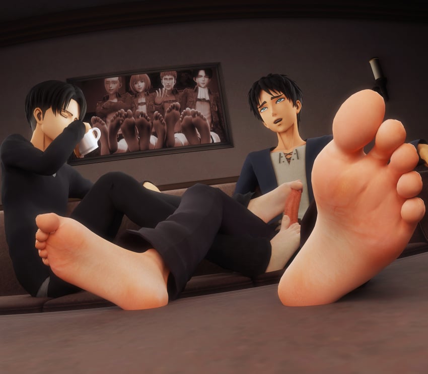 2boys 3d attack_on_titan barefoot eren_jaeger foot_fetish foot_focus footjob gay levi_ackerman male_only mrgtsfloop shingeki_no_kyojin soles