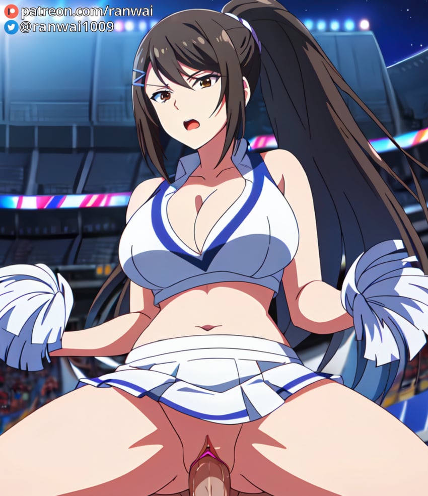 ai_generated anime brown_eyes brown_hair chabashira_sae cheerleader classroom_of_the_elite cowgirl_position large_breasts ranwai sex stable_diffusion vaginal_penetration vaginal_sex youkoso_jitsuryoku_shijou_shugi_no_kyoushitsu_e