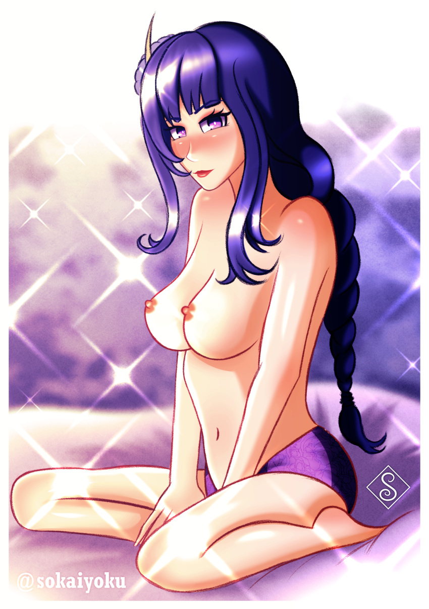 big_breasts blush breasts female_only genshin_impact purple_eyes purple_hair raiden_shogun shy sitting sokaiyoku