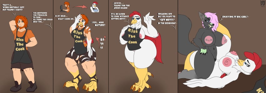 4_fingers absurd_res alternate_species anthro apron apron_only areola ass avian beak big_breasts bird bottomwear breast_growth breasts canid canine canis chicken claws clothed clothing digital_media_(artwork) duo english_text expansion fangs feathers feet female female/female fingers fox fur galliform gallus_(genus) gender_transformation genitals growth hair hashi_(sralivewolfox) hi_res huge_breasts human human_to_anthro humanoid hybrid male mammal mature_anthro mature_female mid_transformation mind_alteration mind_control mostly_nude mtf_crossgender mtf_transformation nipples nude open_mouth pants phasianid pubes pussy rule_63 sabertooth_(anatomy) sex simple_background smile solo species_transformation sralivewolfox tail tail_feathers teeth text thick_thighs thigh_expansion toes tongue topwear torn_bottomwear torn_clothing torn_pants torn_topwear transformation transformation_sequence tribadism vaginal_penetration wolf