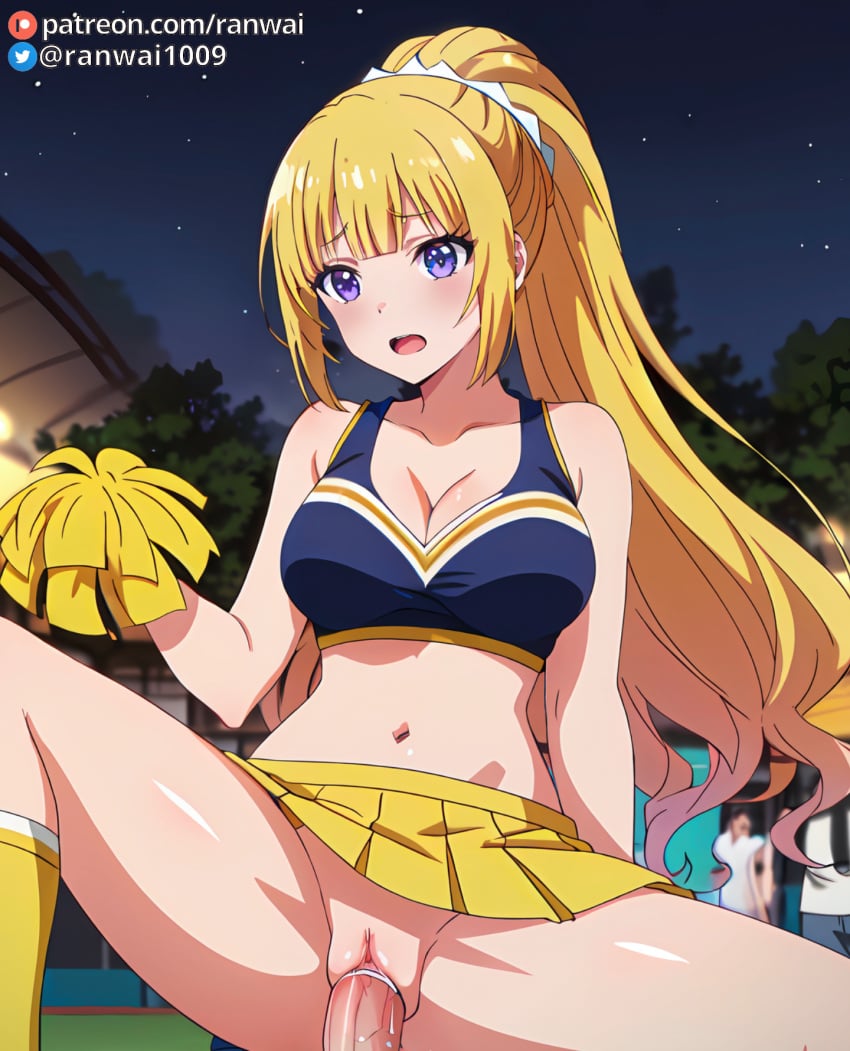 ai_generated anime blonde_hair cheerleader cheerleader_outfit classroom_of_the_elite cowgirl_position karuizawa_kei large_breasts purple_hair ranwai sex stable_diffusion vaginal_penetration vaginal_sex youkoso_jitsuryoku_shijou_shugi_no_kyoushitsu_e