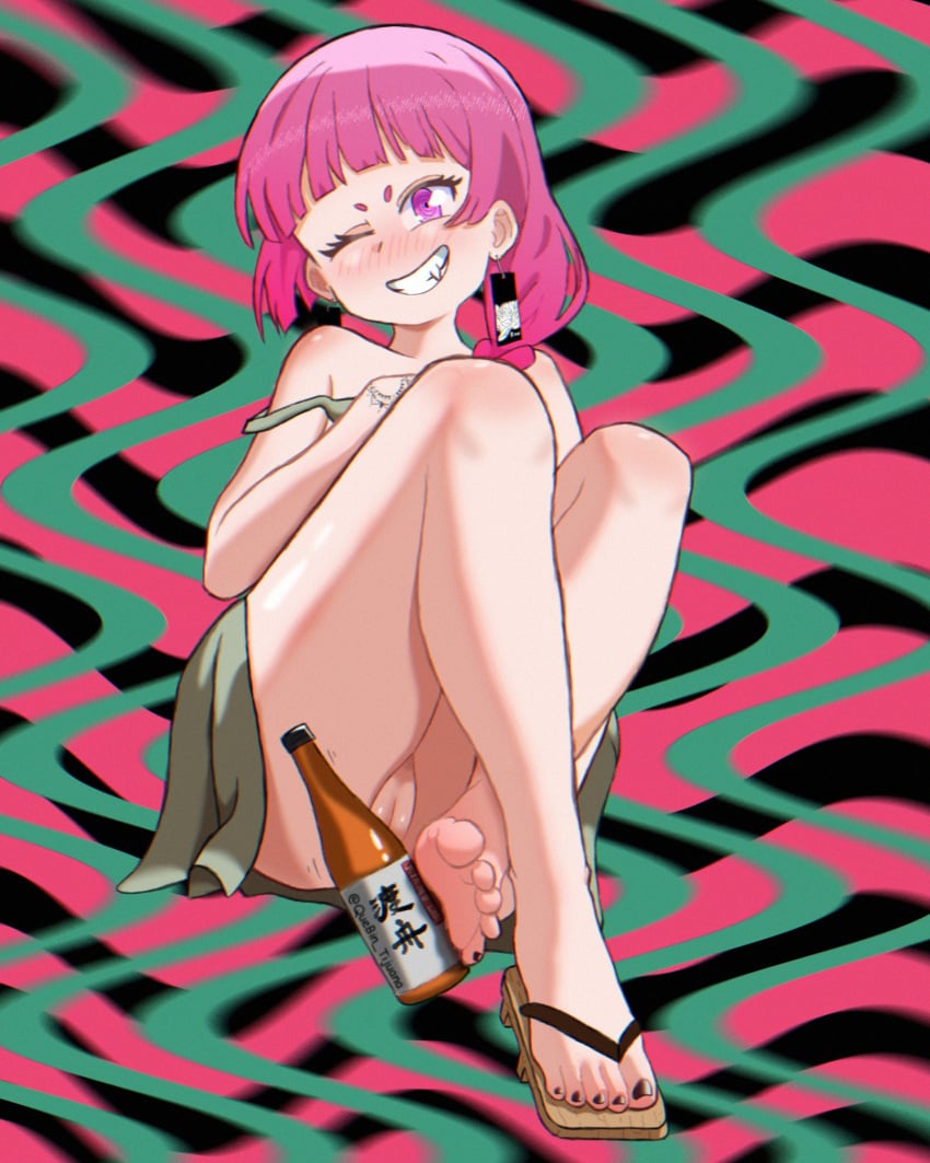 alcohol black_nails blunt_bangs blush bocchi_the_rock! bottle braid dress drunk earrings feet female geta geta_sandals green_dress hair_over_shoulder highres hiroi_kikuri jewelry long_hair open_mouth purple_eyes pussy quebin_tijuana sake_bottle sandals sharp_teeth simulated_footjob single_braid smile tattoo teeth