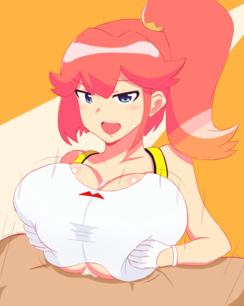 1boy 1girls aina_ardebit alternate_breast_size big_breasts breasts cum cum_between_breasts ejaculation_between_breasts female huge_breasts large_breasts paizuri pink_hair promare roba_0721 straight