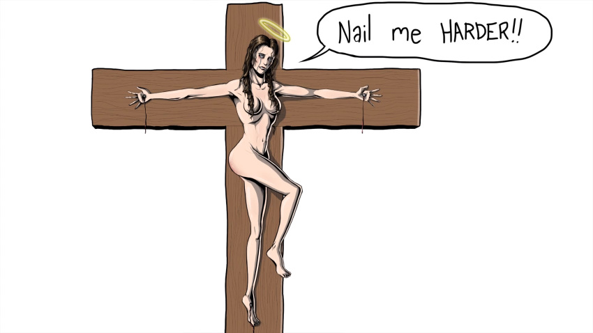 16:9 beige_skin bleeding blood blood_trail breasts brown_hair censor_hair color convenient_censoring cross crucifixion dialog english_text female female_only front_view gore hair halo human injury jesus_christ long_hair nail nude pinned puncture rule_63 solo speech_bubble tear text white_background wound zombie