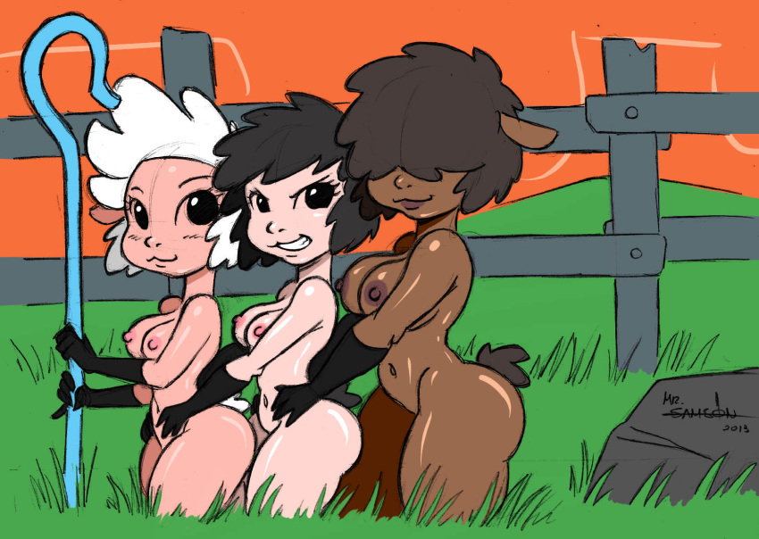 :3 anthro areolae ass barbara_blacksheep big_ass black_eyes black_hair black_sheep blush breasts caprine cleavage crook droopy eyelashes furry hair_over_eyes hands_on_hips large_breasts leggy_lamb mammal multiple_females navel nipple nude outdoors peggy_lamb samson_00 sheep sheep_wrecked shepherd's_crook smile smirk tail white_hair