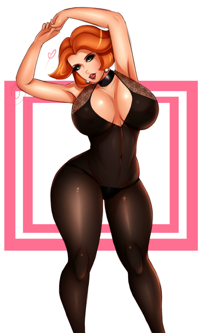 1girls arms_up black_panties breasts catsuit choker cleavage curvy earrings female hanna-barbera highres huge_breasts jane_jetson jassycoco lip_piercing lipstick looking_at_viewer milf navel nipples orange_hair panties piercing pinup pose see-through short_hair solo standing the_jetsons thick_thighs thong wide_hips