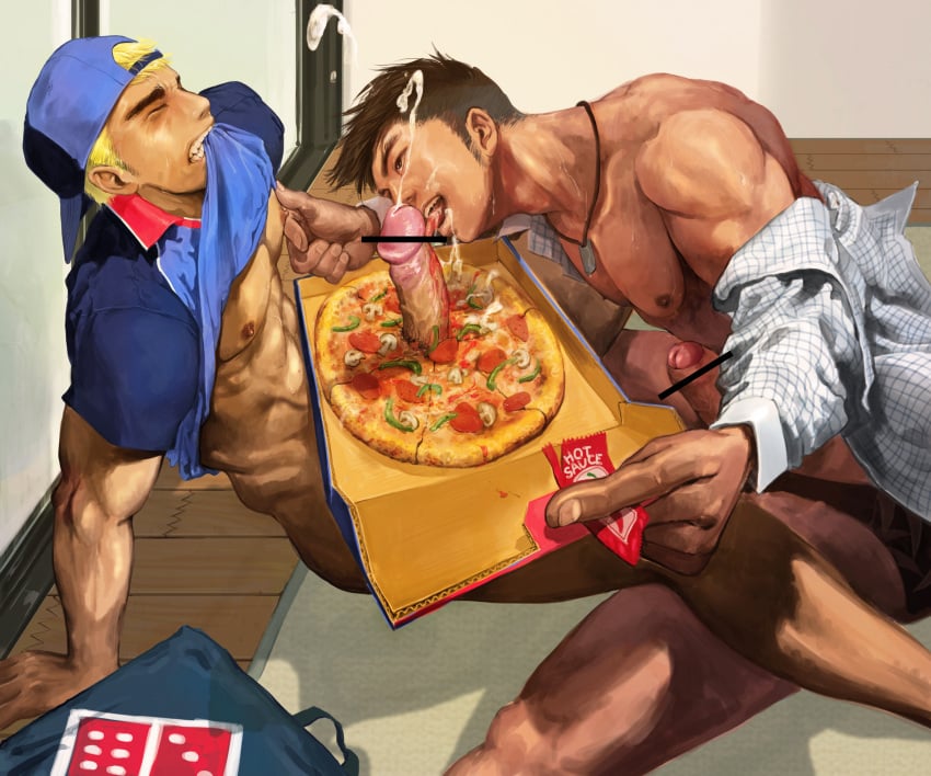 2boys abs bar_censor big_penis blonde_hair blowjob bottomless brown_eyes brown_hair catrasche censored clenched_teeth closed_eyes cock_hungry cum cum_hungry cum_in_mouth cum_on_face cumming domino's_pizza ejaculation erect_nipples erection exposed_nipples fellatio food food_penetration gay hot_sauce leaning_on_hand licking_cum licking_penis looking_at_partner male male_only necklace nipple_tweak orgasm_face partially_retracted_foreskin pecs penis penis_out pizza pizza_box pizza_boy pizza_man pointless_censoring retracted_foreskin shirt_in_mouth shirt_removed shirt_up spread_legs tan_skin undressing veiny_penis yaoi