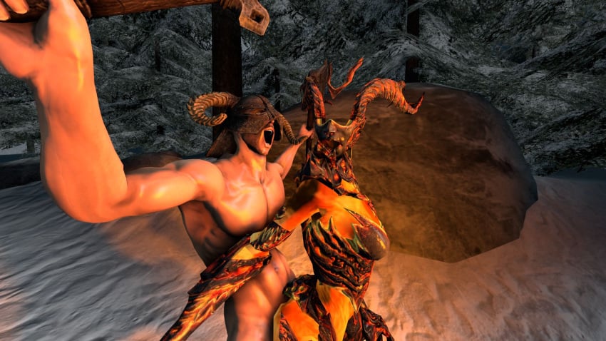 3d dovahkiin flame_atronach from_behind interspecies skyrim source_filmmaker the_elder_scrolls