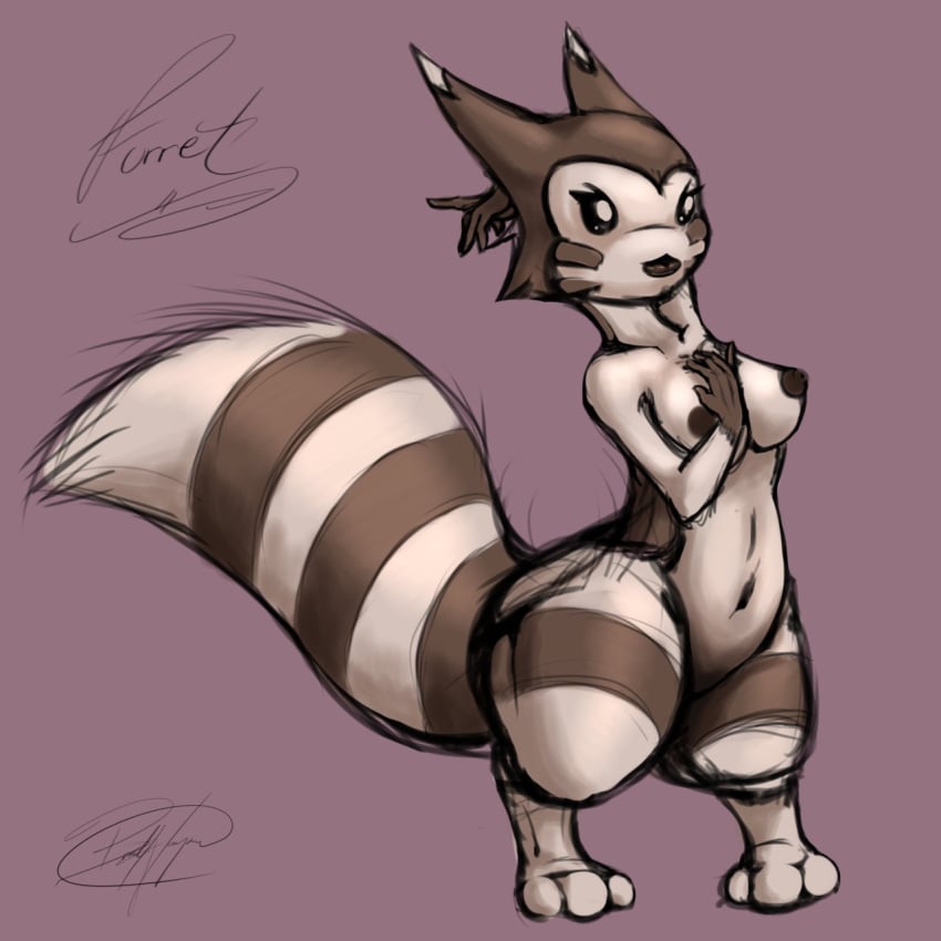 3_toes anthro barefoot beige_fur breasts brown_fur female female_only fur furret nipples nude pokemon solo standing stripes tagme tail the_furfather