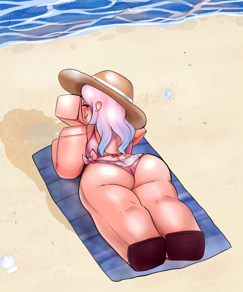 1girls beach beach_hat beach_towel big_ass bikini blocky_body blue_towel blush blushing_at_viewer brown_hat earrings flirting flirting_with_viewer kyhtara laying_down laying_on_stomach long_hair ocean pale_skin pastel_hair pink_hair pink_outfit pose posing roblox robloxian sand sandals seashells self_upload shore skirt smirk solo water