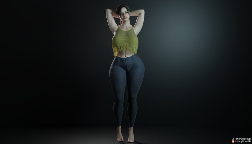 1girls 3d barefoot big_ass big_belly big_butt big_thighs blender blender3d blender_(software) blender_cycles breasts claire_redfield curvy curvy_ass curvy_body curvy_figure curvy_hips curvy_thighs feet feet_fetish female female_only foot_fetish gym gym_clothing gym_uniform hand_on_head johnnydoes3d leggings pony_tail ponytail posing posing_for_picture posing_for_the_viewer resident_evil resident_evil_2 solo topwear white_body white_skin