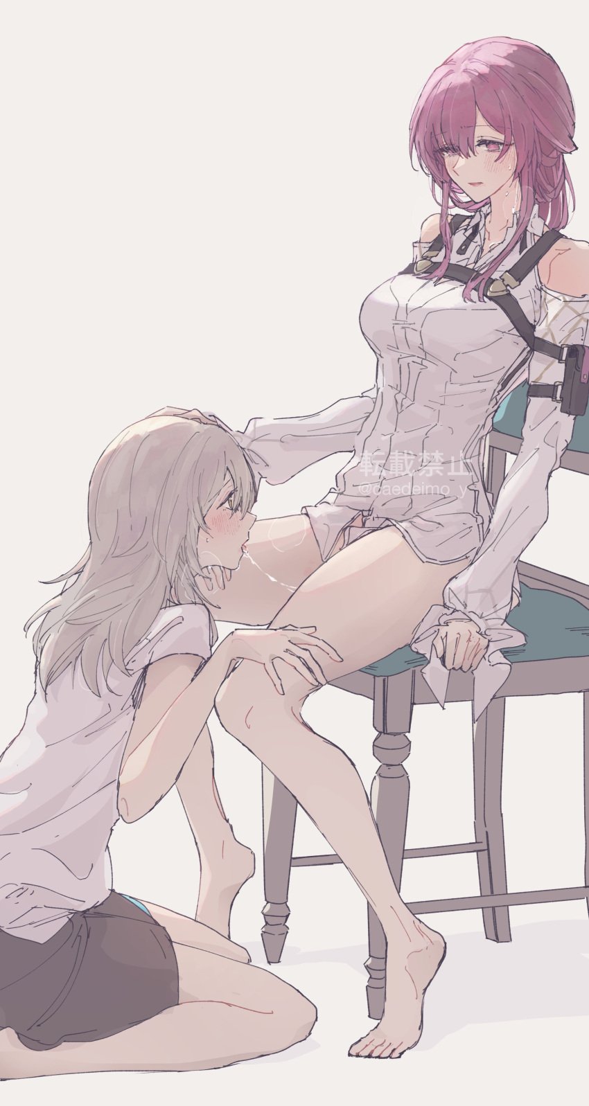 2girls absurdres after_cunnilingus black_skirt blush bottomless caedeimo chest_strap clothing_cutout collared_shirt commentary grey_hair hands_on_another's_knees hashtag-only_commentary highres honkai:_star_rail honkai_(series) kafka_(honkai:_star_rail) kneeling long_hair looking_at_another multiple_girls parted_lips purple_eyes purple_hair pussy_juice pussy_juice_trail shirt short_sleeves shoulder_cutout simple_background sitting skirt stelle_(honkai:_star_rail) sweat trailblazer_(honkai:_star_rail) white_background white_shirt yuri