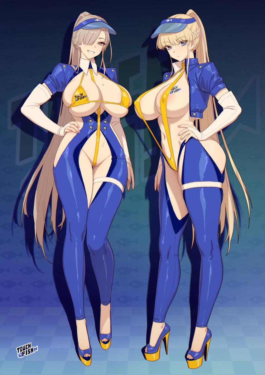 2girls alternate_breast_size alternate_costume asuna_(blue_archive) blue_archive checkered_floor cleaning_&_clearing_(blue_archive) collar english_text expressionless female female_only full_body full_body_pantyhose hand_on_hip high_heels large_breasts logo millennium_science_school_student multiple_girls nail_polish open_toe_shoes painted_nails platform_heels revealing_clothes skimpy_clothes slingshot_swimsuit smile text thick_thighs tight_clothing toki_(blue_archive) visor_cap