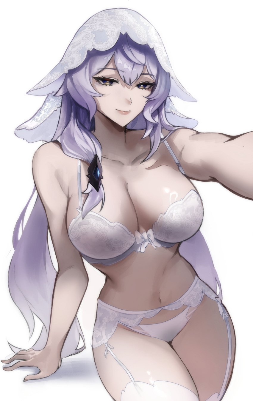 bare_arms bare_shoulders black_swan_(honkai:_star_rail) bra collarbone commentary female garter_belt highres honkai:_star_rail honkai_(series) long_hair looking_at_viewer navel panties purple_eyes purple_hair simple_background smile solo stomach thighhighs thighs tommy_(kingdukeee) underwear underwear_only veil very_long_hair white_background white_bra white_panties white_thighhighs