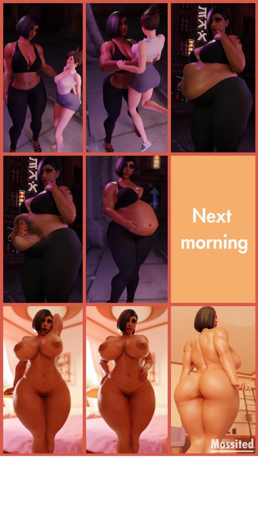 3d belly boobs brown_hair comic comic_page curvy dominant fat huge_belly mossited muscular orgasm overwatch overwatch_2 overweight overweight_female pharah stomach_acid stomach_bulge swallowing thick thick_ass tracer transformation vore yoga_pants