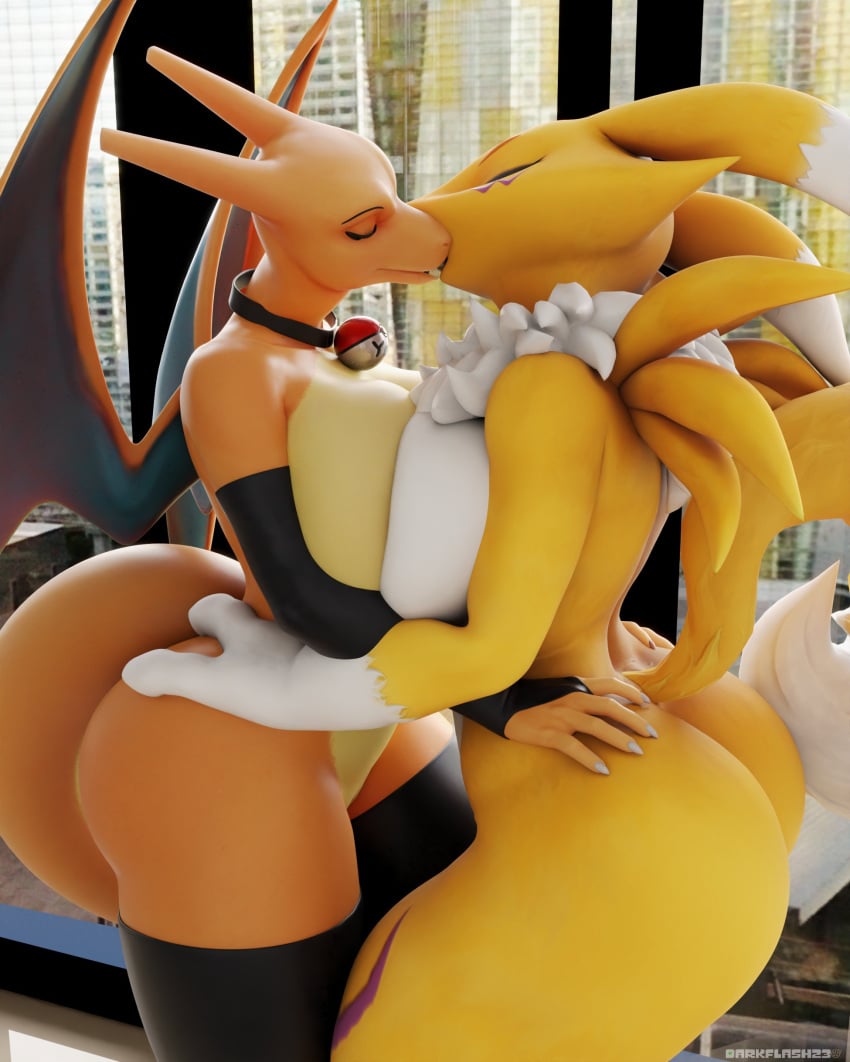 2girls absurd_res anthro ass bandai_namco big_breasts big_butt breast_squish breasts charizard chest_tuft claws clothing collar crossover darkflash23 digimon digimon_(species) duo eyebrows female female/female fluffy fluffy_tail generation_1_pokemon genitals gloves gloves_(marking) handwear hi_res kissing legwear markings multiple_girls nintendo pokemon pokemon_(species) pussy renamon renamon_(warfaremchine) squish stockings tail thick_thighs tuft warfare_renamon wings yuki_(evov1) yukizard_(evov1) yuri