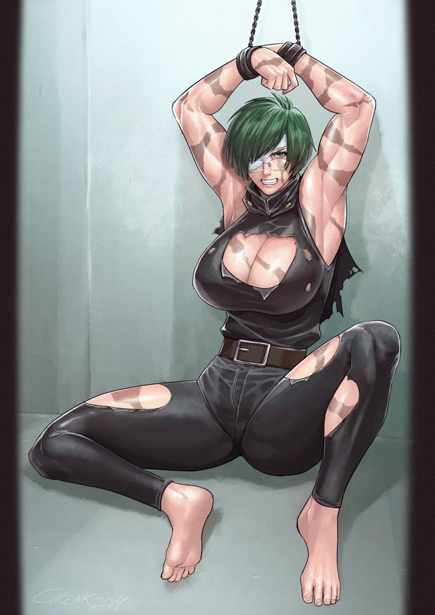 armpits arms_up bandaged_eye bandaged_face bandaged_head barefoot belt chained chained_wrists cirenk feet glasses green_hair imminent_rape jujutsu_kaisen muscles muscular_female slave soles toes torn_clothes torn_clothing zenin_maki