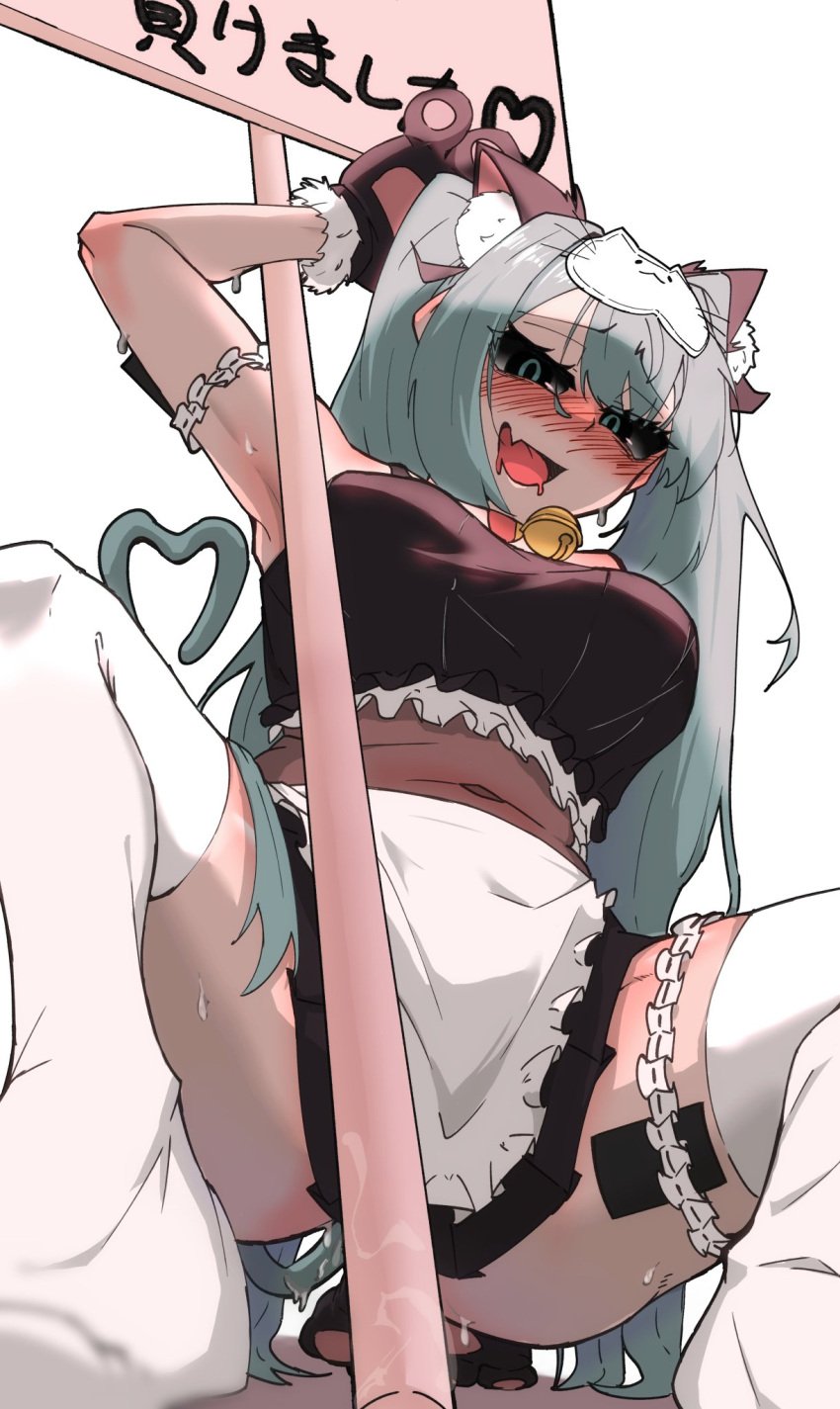 1girls big_breasts blush cat_ears female female_focus female_only hatsune_miku heart hotori_210 japanese_text looking_at_viewer maid mesugaki_miku mimukauwa_nice_try_(vocaloid) spread_legs squatting thick_thighs translation_request vocaloid