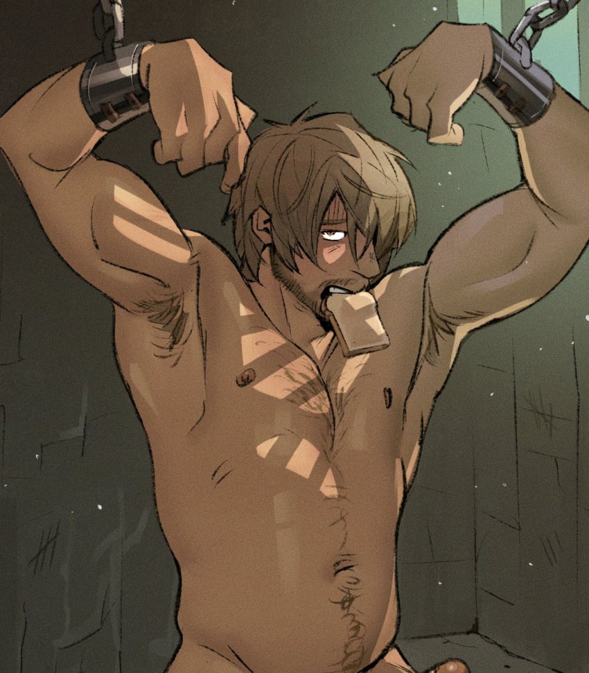 1boy abs armpit_hair armpits bara beard_stubble blonde_hair bread completely_nude cowboy_shot cuffs dungeon_meshi facial_hair food hair_down hair_over_one_eye highres laios_touden large_pectorals loaf_of_bread looking_at_viewer male male_focus male_only muscles muscular muscular_male navel navel_hair nipples nude padeliciouss/dantesrealm paid_reward_available pectorals penis_out_of_frame prisoner shackles short_hair solo sparse_chest_hair sparse_stubble stomach stubble thick_eyebrows