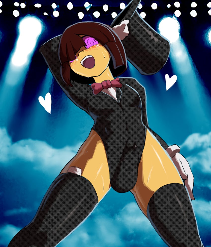 2d 2d_(artwork) androgynous blush bow_tie brown_hair bulge condom erection erection_under_clothes frisk_(undertale) gloves glowing_eyes happy_trance hat highres hypnosis legs male_only malesub mind_control open_mouth penis posing precum pstash purple_eyes smile stage sweat thighhighs undertale undertale_(series)