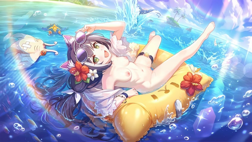 black_hair cat_ears cat_tail catgirl karyl_(princess_connect!) kyaru_(princess_connect) life_jacket looking_at_viewer nipples princess_connect princess_connect! princess_connect!_re:dive pussy small_breasts summer thighs very_long_hair white_skin