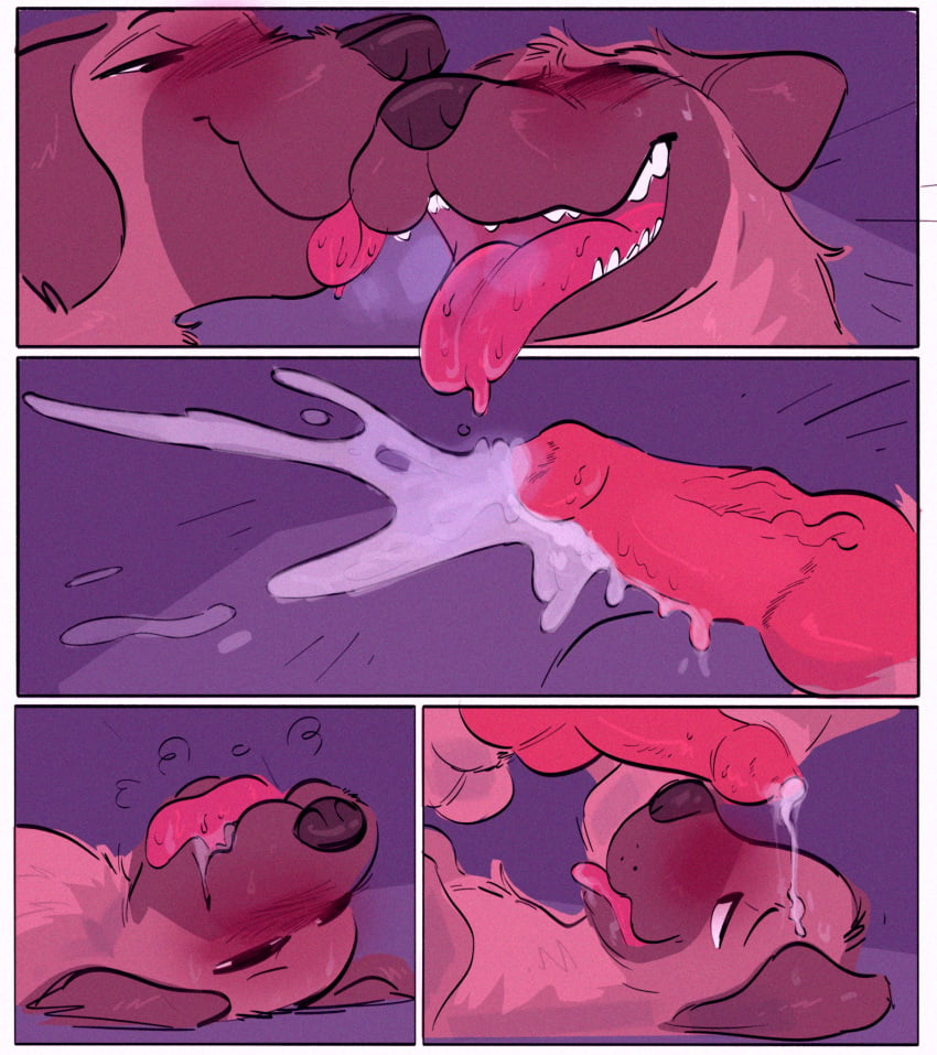 blush bodily_fluids breath canid canine canis comic cum cum_on_forehead domestic_dog duo ejaculation feral feral_on_feral feral_transformation genital_fluids hi_res male male/male mammal orgasm species_transformation tongue tongue_out transformation zoba_(artist)