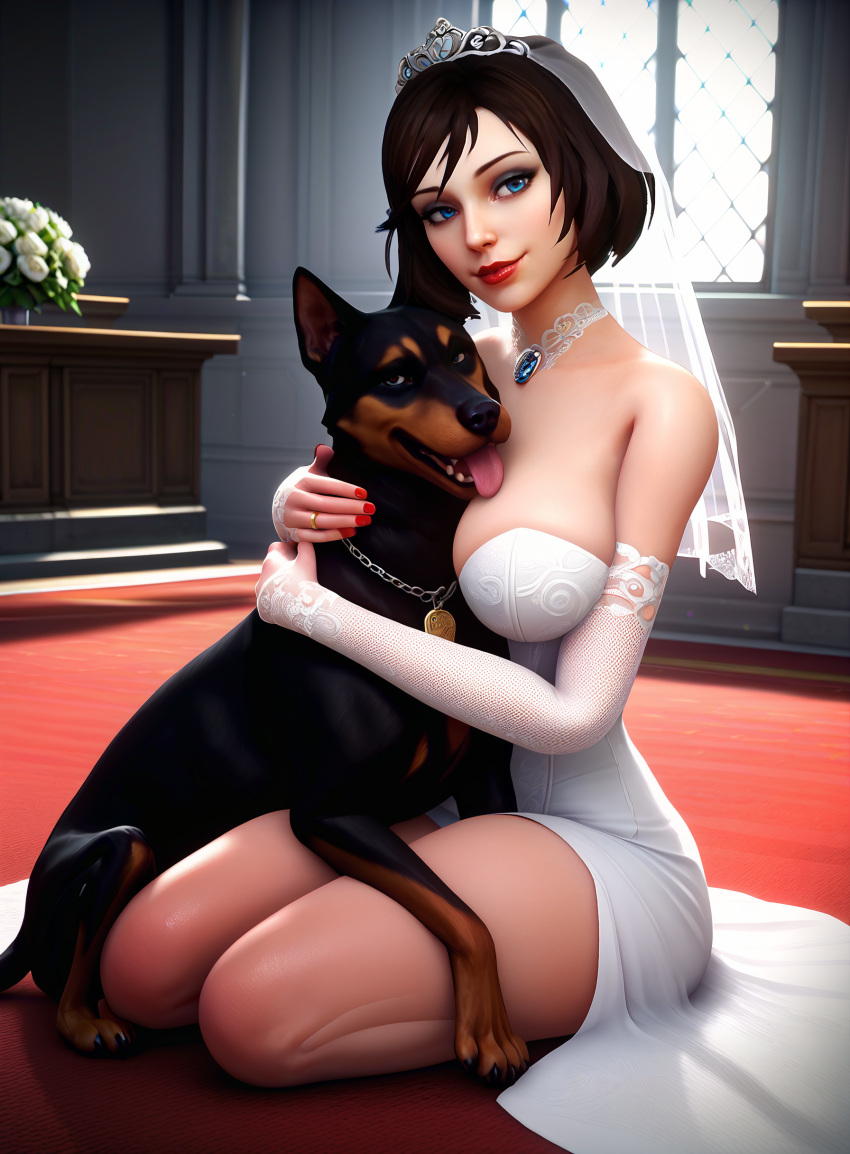 1boy 3d 3dcg ai_generated arm_around_neck bestiality_marriage bioshock bioshock_infinite blue_eyes bride burial_at_sea canine carpet choker church church_interior cleavage domestic_dog elizabeth's_husband_(noname55) elizabeth_comstock female flower happy hug large_breasts lipstick looking_at_viewer makeup married_to_feral necklace on_ground pony_diffusion_xl seductive short_hair sitting stable_diffusion thick_thighs wedding wedding_dress wedding_lingerie wedding_ring wedding_veil window zoophilia