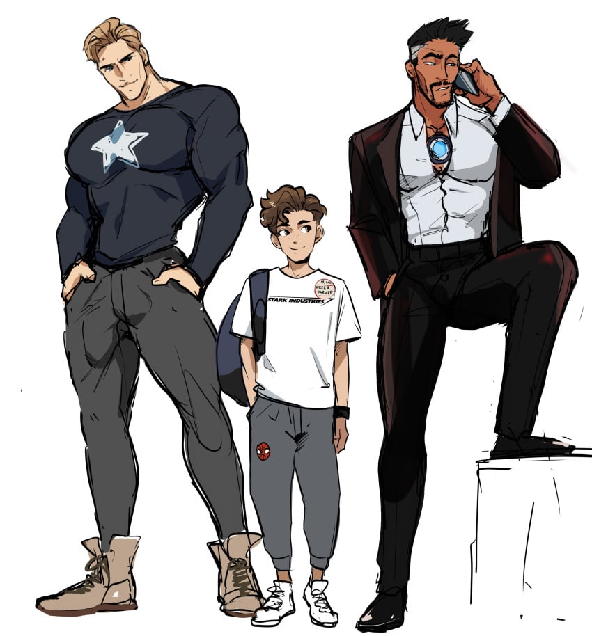 3boys age_difference bara big_bulge blonde_hair brown_hair bulge captain_america captain_america_(series) clothing daddy dilf gay huge_bulge human human_only iron_man light-skinned_male light_skin lilprincyvi male male/male male_only manly marvel marvel_comics mature mature_male penis_outline peter_parker size_difference spider-man spider-man_(series) steve_rogers tight_clothing tony_stark white_background younger_male