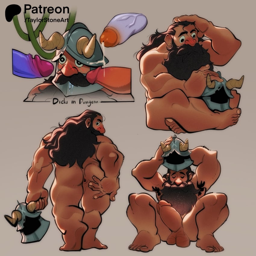 4boys absurdres ass bara beard collage completely_nude drooling dungeon_meshi dwarf erection facial_hair fake_horns full_beard full_body girthy_penis helmet highres horned_helmet horns large_penis long_beard looking_back male_focus male_only moustache multiple_boys muscular muscular_male nude orc penis profile senshi_(dungeon_meshi) sitting standing surrounded_by_penises taylorstoneart thick_beard thick_eyebrows thick_mustache thick_thighs thighs uncensored undressing very_long_beard yaoi